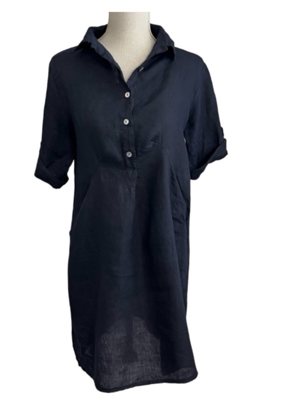 Elena Baldi Italian Linen Pop Over Shirt Tunic Dress | Size L| Black |